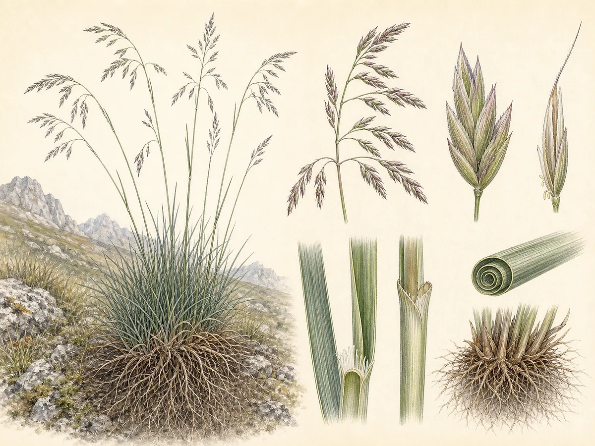 Prancha botânica de Festuca elegans com tufo de folhas muito finas, colmos arqueados, panículas abertas e detalhes ampliados das espiguetas sem aristas longas
