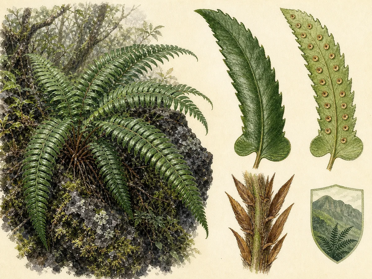 Prancha pteridológica de Polystichum falcinellum com coroa, frondes pinadas de pínulas falcadas, escamas do pecíolo e soros ampliados