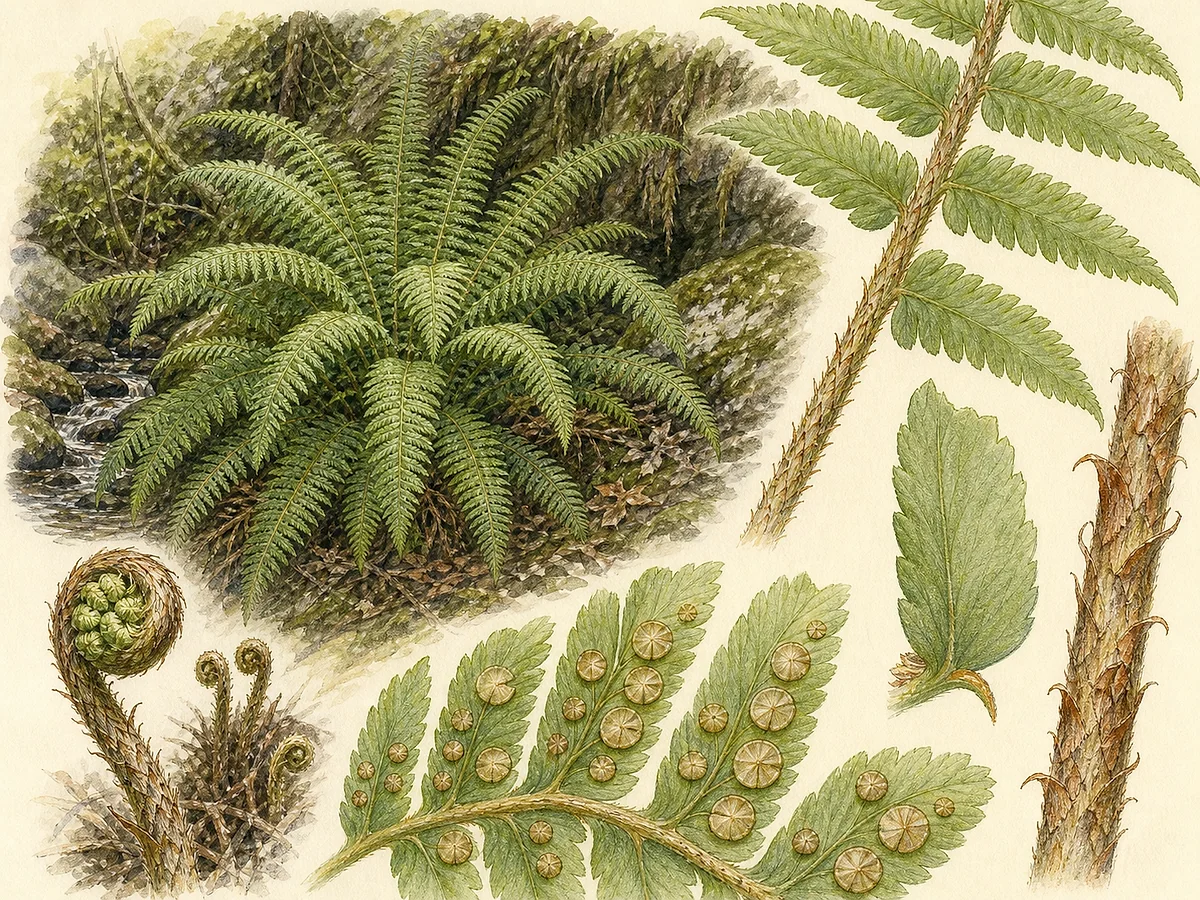 Prancha botânica de Polystichum setiferum com coroa de frondes arqueadas bipinadas, ráquis escamosa, pínulas com pequena aurícula e soros redondos com indúsio