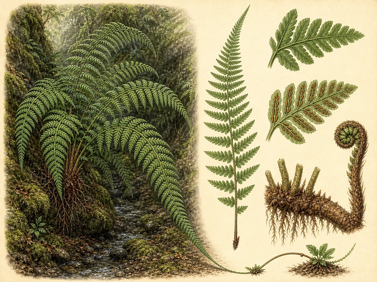 Prancha botânica de Woodwardia radicans com feto grande de ravina húmida, fronde completa, soros lineares em cadeia, báculo, rizoma e propágulo apical