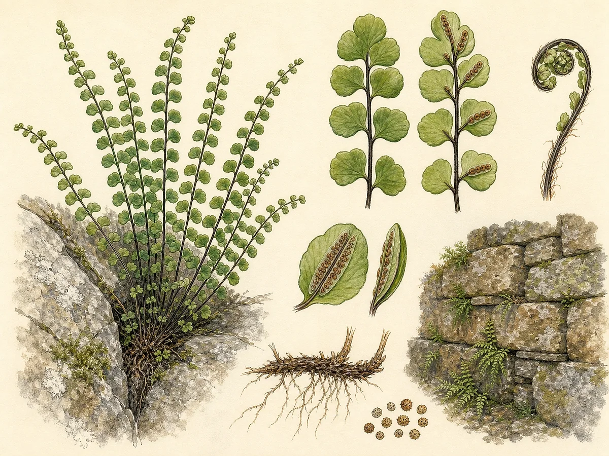 Prancha botânica de Asplenium trichomanes subsp. quadrivalens com frondes estreitas, ráquis negro e pínulas verdes arredondadas com soros