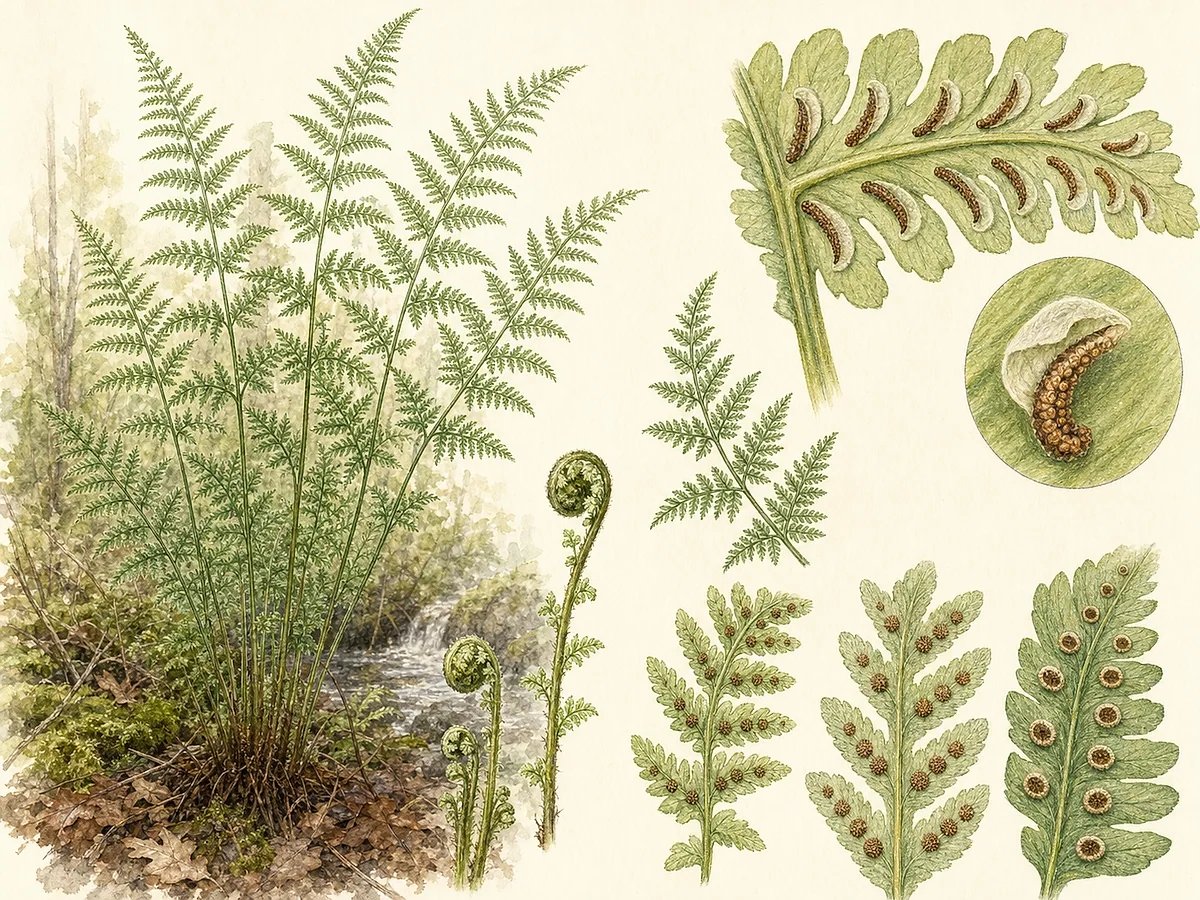 Prancha botânica de Athyrium filix-femina com tufo de frondes delicadas bipinadas, ráquis verde, pínulas finamente recortadas e soros alongados curvos em forma de vírgula