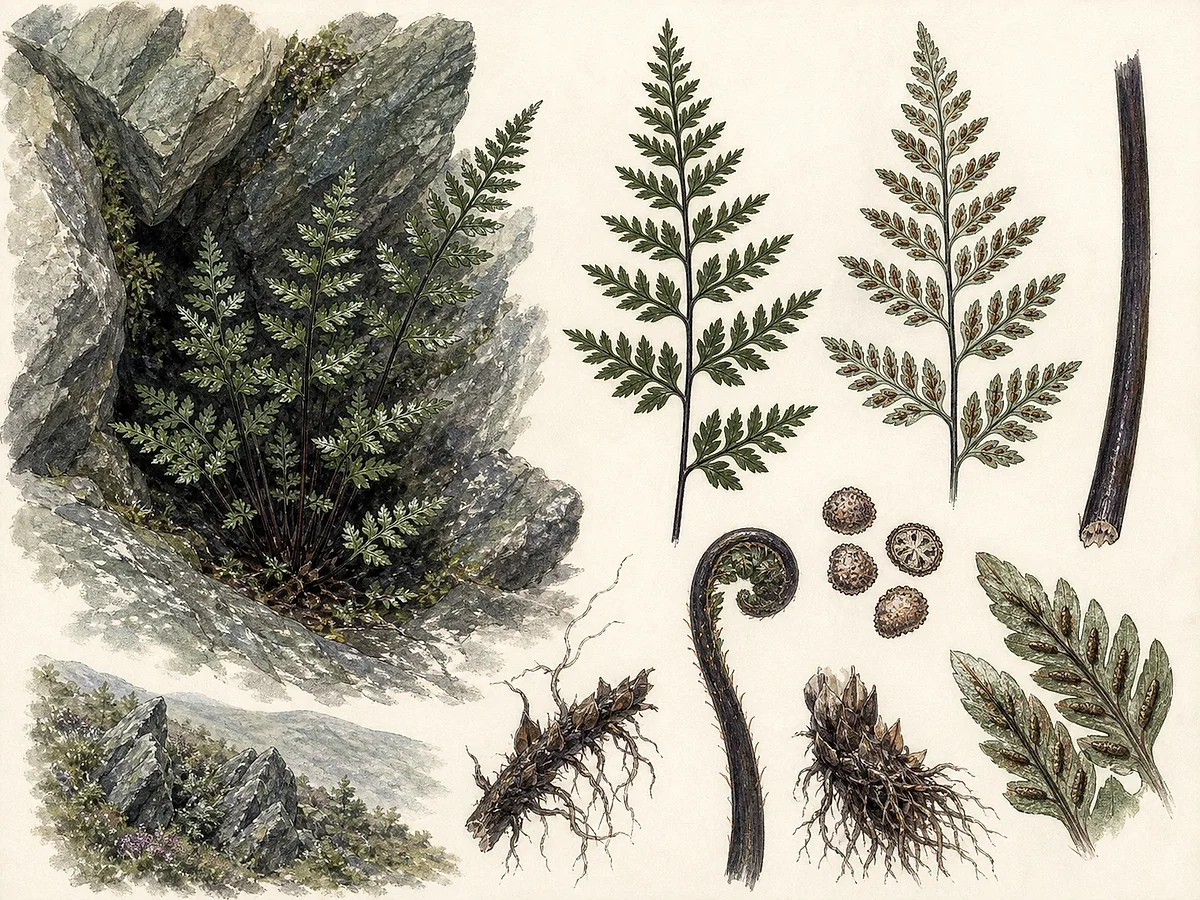 Prancha botânica de Asplenium adiantum-nigrum var. corunnense com frondes triangulares divididas, pecíolo escuro e soros alongados