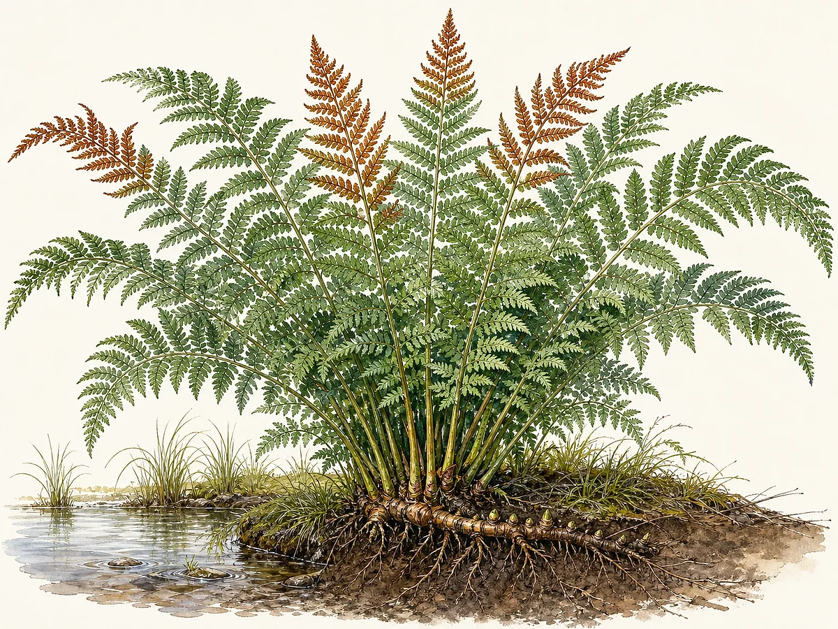 Ilustração botânica de feto-real em grande touceira com frondes bipinadas e porções férteis castanho-ferrugem nas pontas
