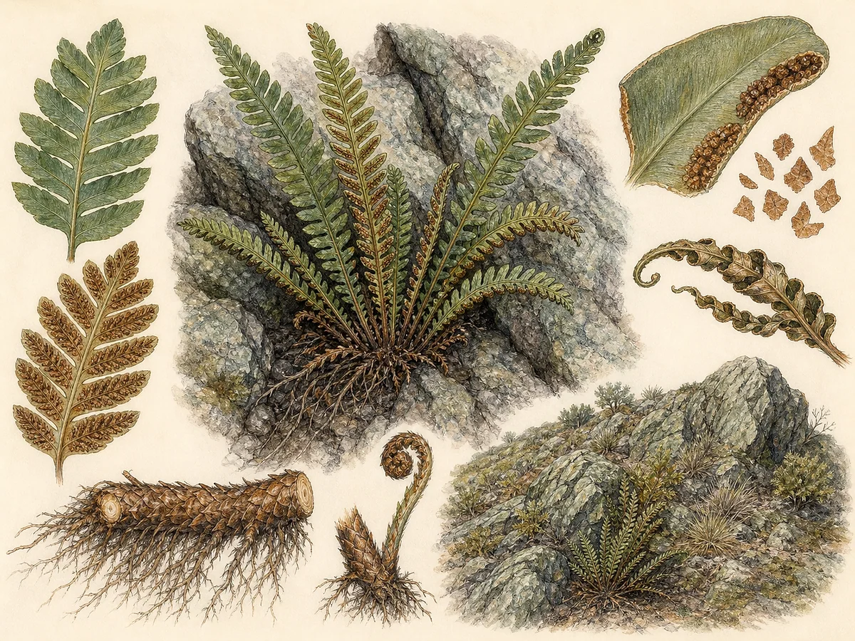 Prancha botânica de Notholaena marantae subsp. marantae com frondes pinadas, página inferior ferrugínea escamosa, rizoma e soros marginais