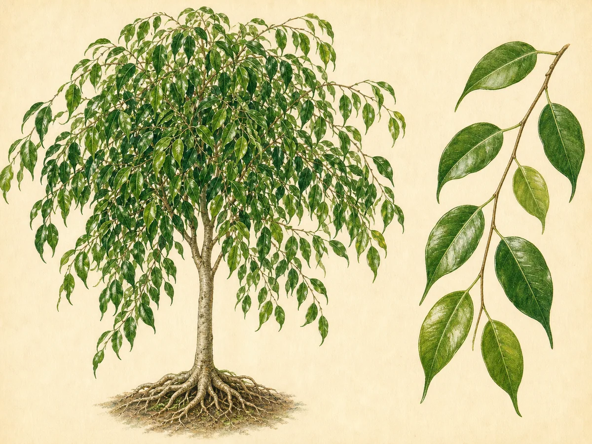 Ilustração botânica de um ficus-benjamina arbóreo com ramos arqueados, folhas pequenas pontiagudas e raízes finas