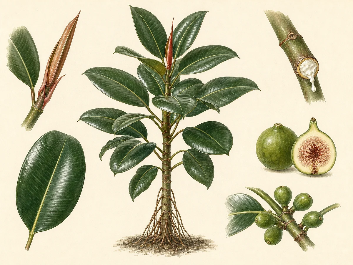Prancha botânica de Ficus elastica com folhas coriáceas, estípula avermelhada, raízes e sicónios
