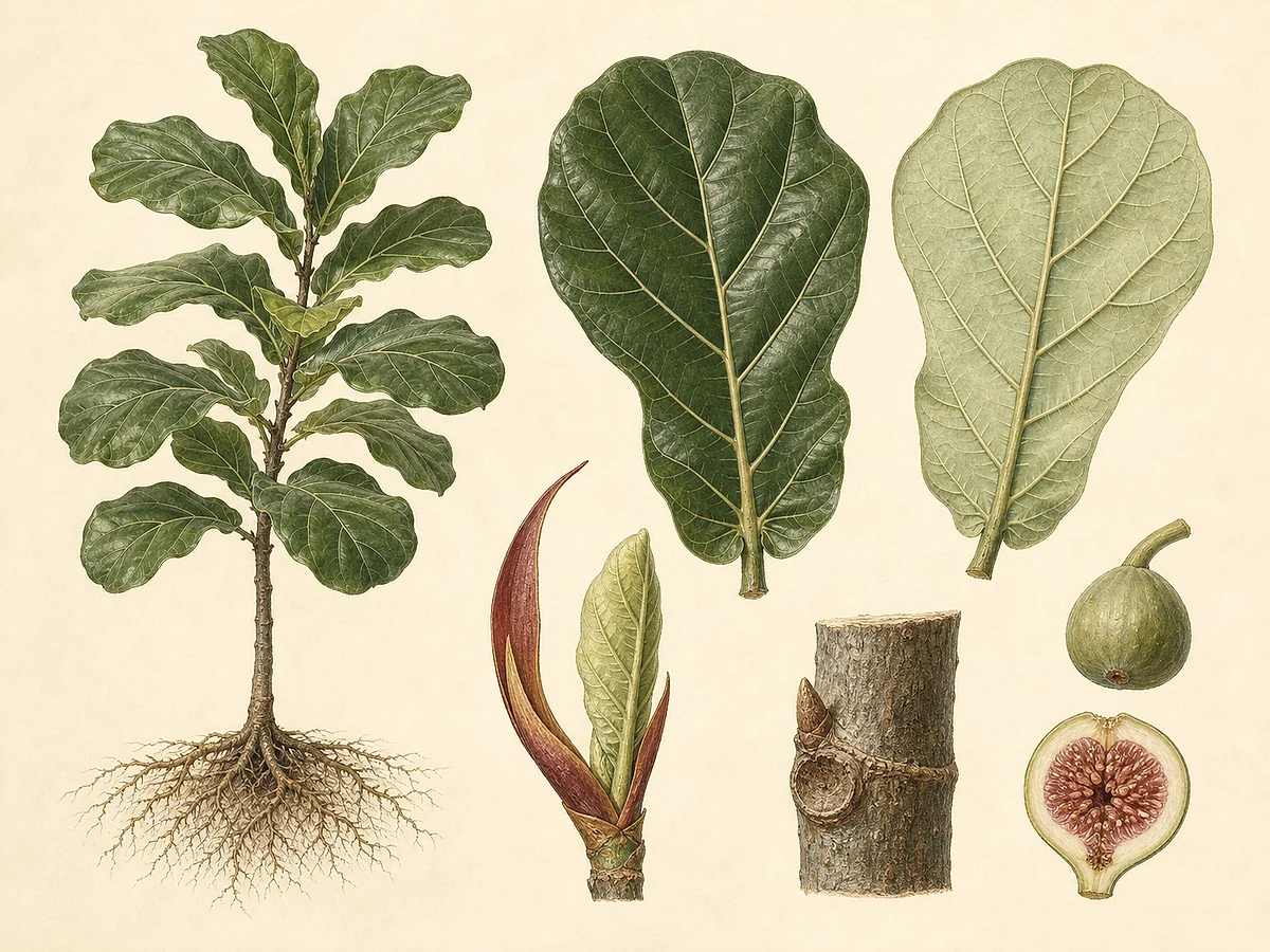 Prancha botânica de Ficus lyrata com árvore jovem, folhas em forma de lira, estípula, caule, raízes e sicónio