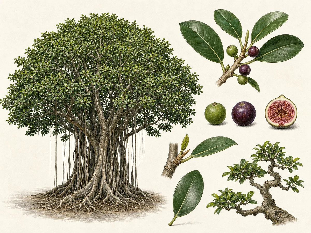 Prancha botânica de Ficus microcarpa com árvore de raízes aéreas, folhas, figos, sicónio cortado, estípula e ramo de bonsai