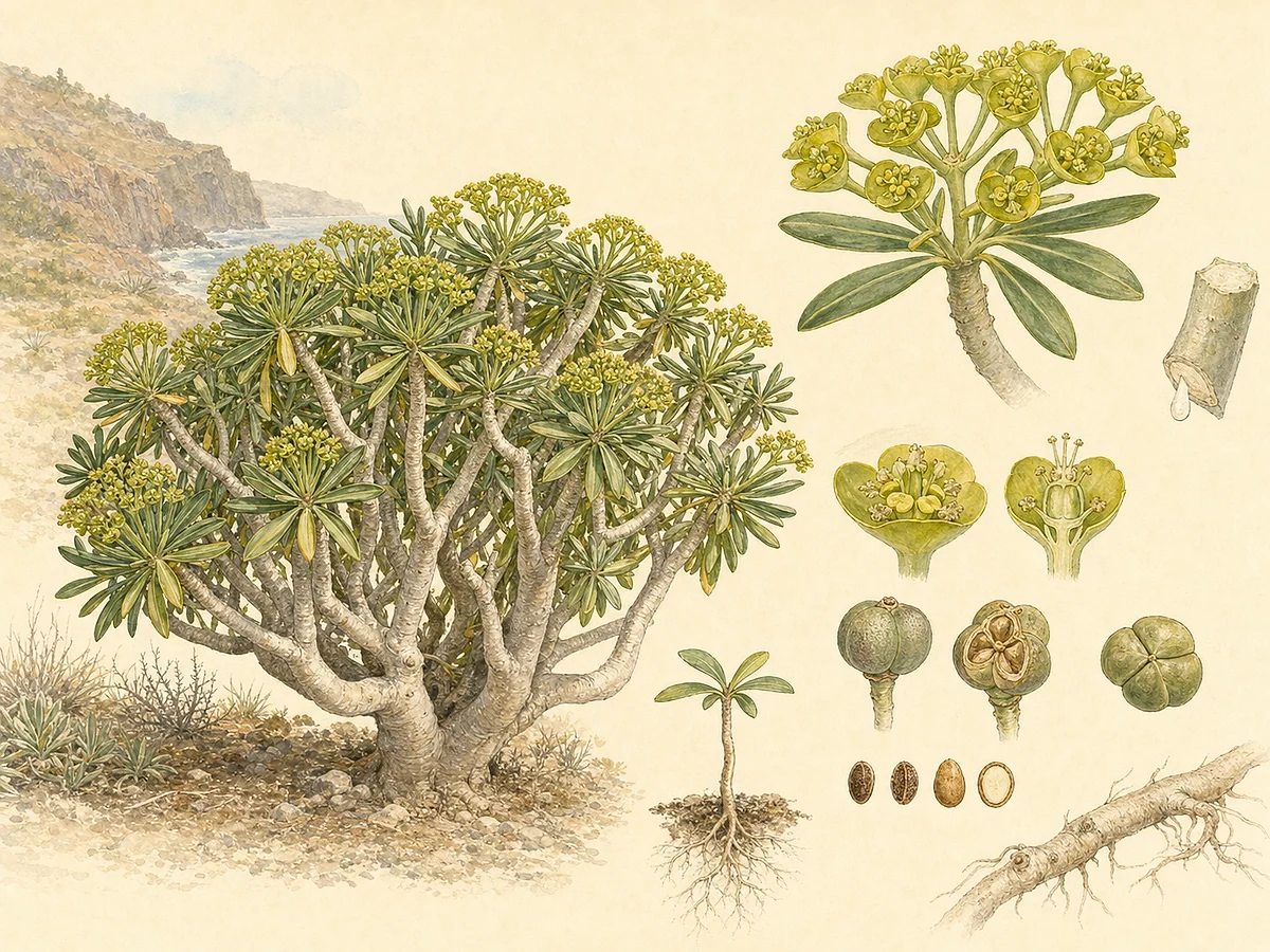 Prancha botânica de Euphorbia piscatoria com arbusto costeiro de caules grossos, folhas terminais, ciátios amarelo-esverdeados, cápsulas trilobadas, sementes, látex e raízes