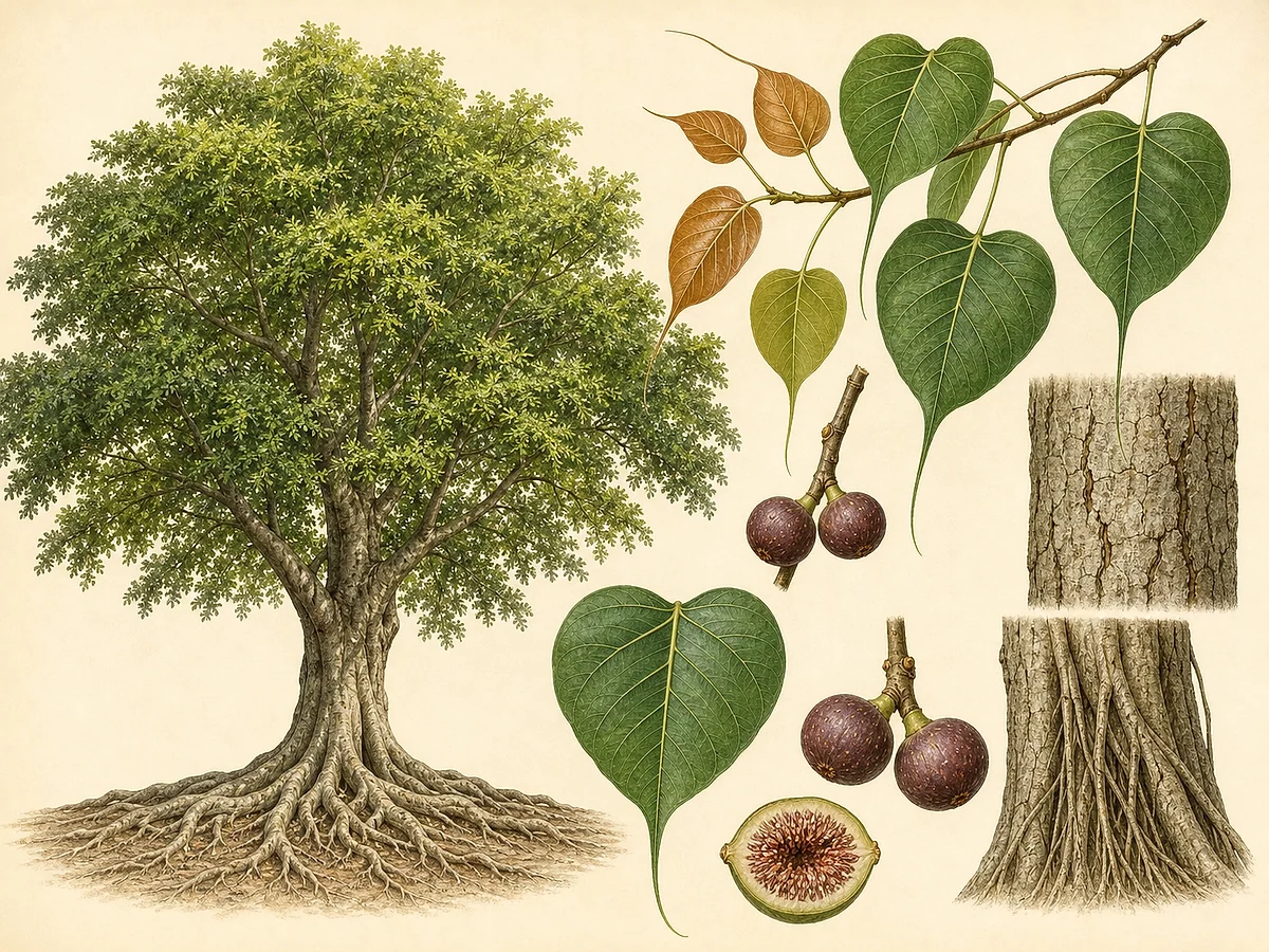 Prancha botânica de Ficus religiosa com árvore, folhas cordiformes de ponta muito longa, rebento bronze, sicónios e raízes