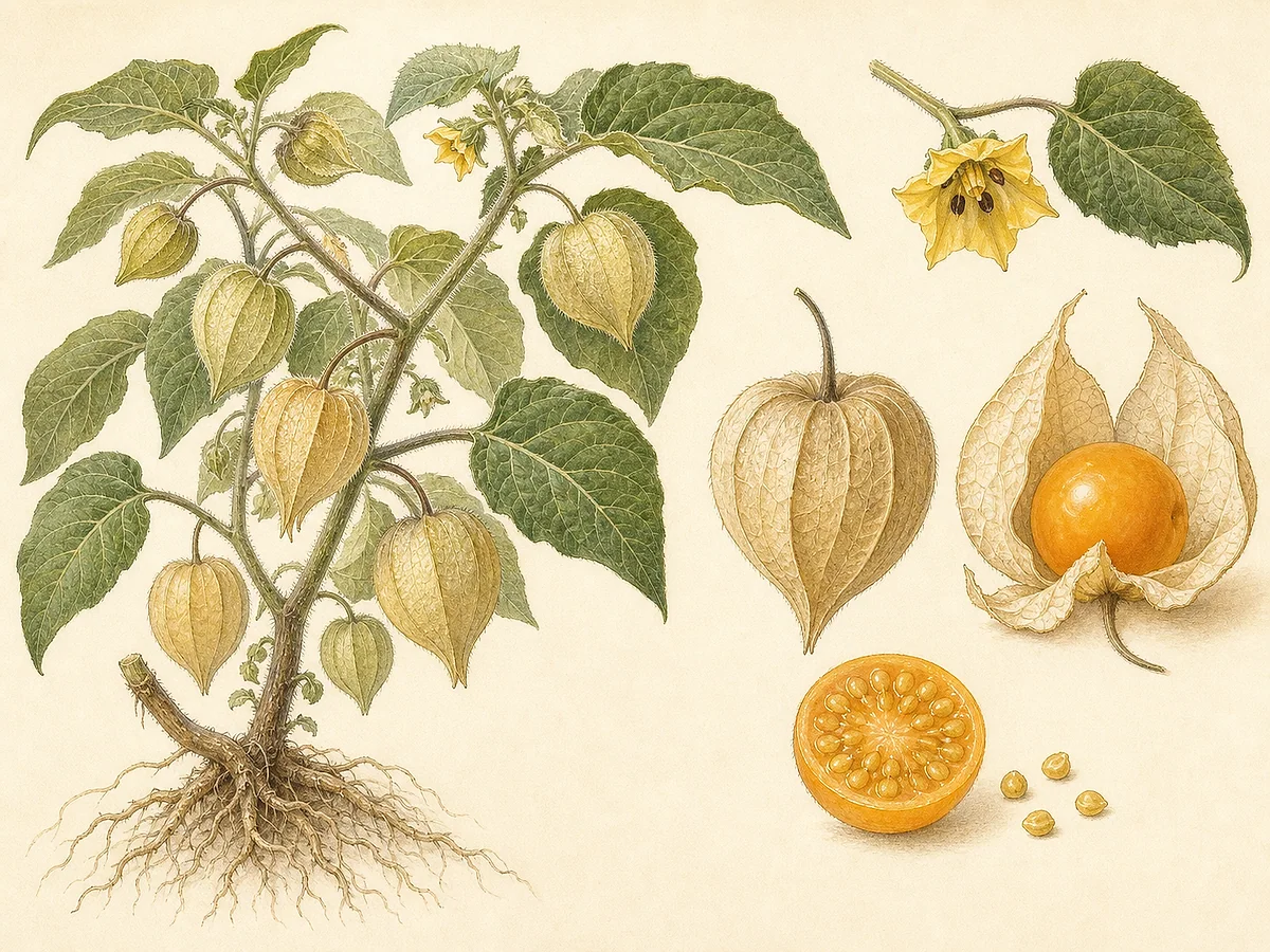 Ilustração botânica de fisális com folhas aveludadas, flores amarelas manchadas, cálices de papel bege, baga laranja inteira e cortada