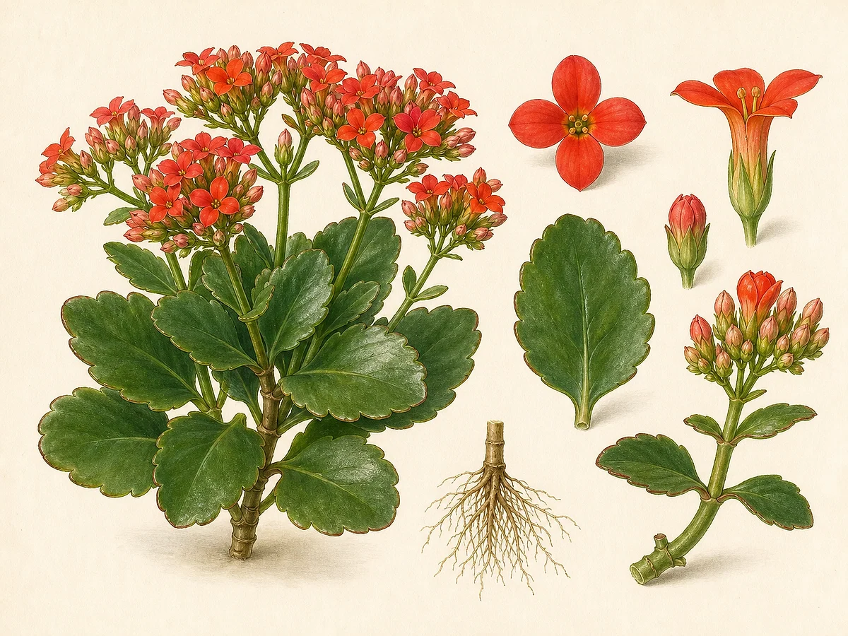 Prancha botânica de Kalanchoe blossfeldiana com folhas suculentas crenadas, flores vermelhas de quatro pétalas, botões e raízes
