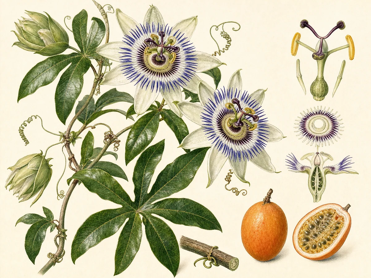 Prancha botânica de Passiflora caerulea com liana, folhas de cinco lobos, gavinhas, flor branca de corona azul e púrpura, fruto laranja e sementes