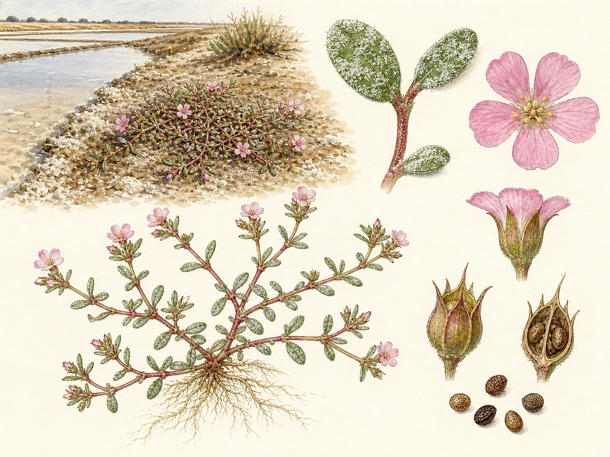 Prancha botânica de Frankenia pulverulenta com pequena anual prostrada, caules avermelhados, folhas opostas pequenas e pulverulentas, flores rosa de cinco pétalas e cápsula