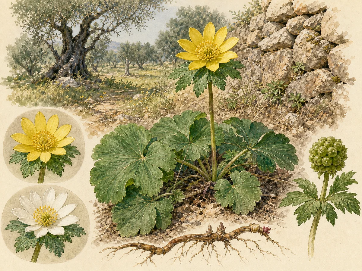 Prancha botânica de Anemone palmata com folhas basais arredondadas e lobadas, flor amarela de numerosas tépalas, brácteas folhosas, fruto globoso e rizoma