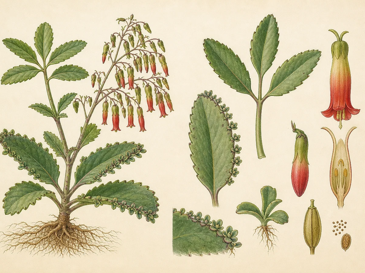 Prancha botânica de Kalanchoe pinnata com folhas simples e pinadas de margens crenadas, plantas-filhas, flores tubulares pendentes e raízes