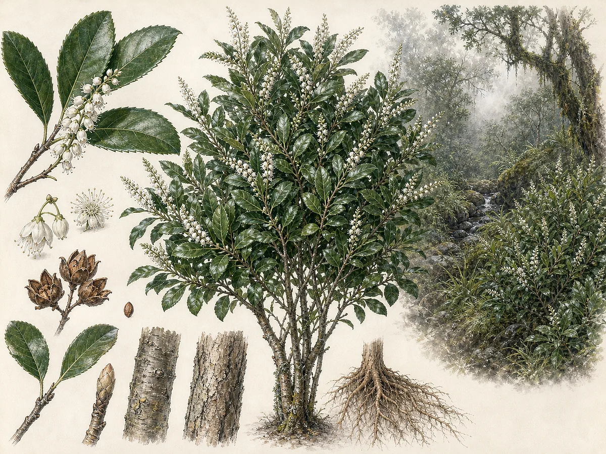 Prancha botânica de Clethra arborea com pequena árvore perenifólia, folhas obovadas serradas e racemos de pequenas flores brancas campanuladas