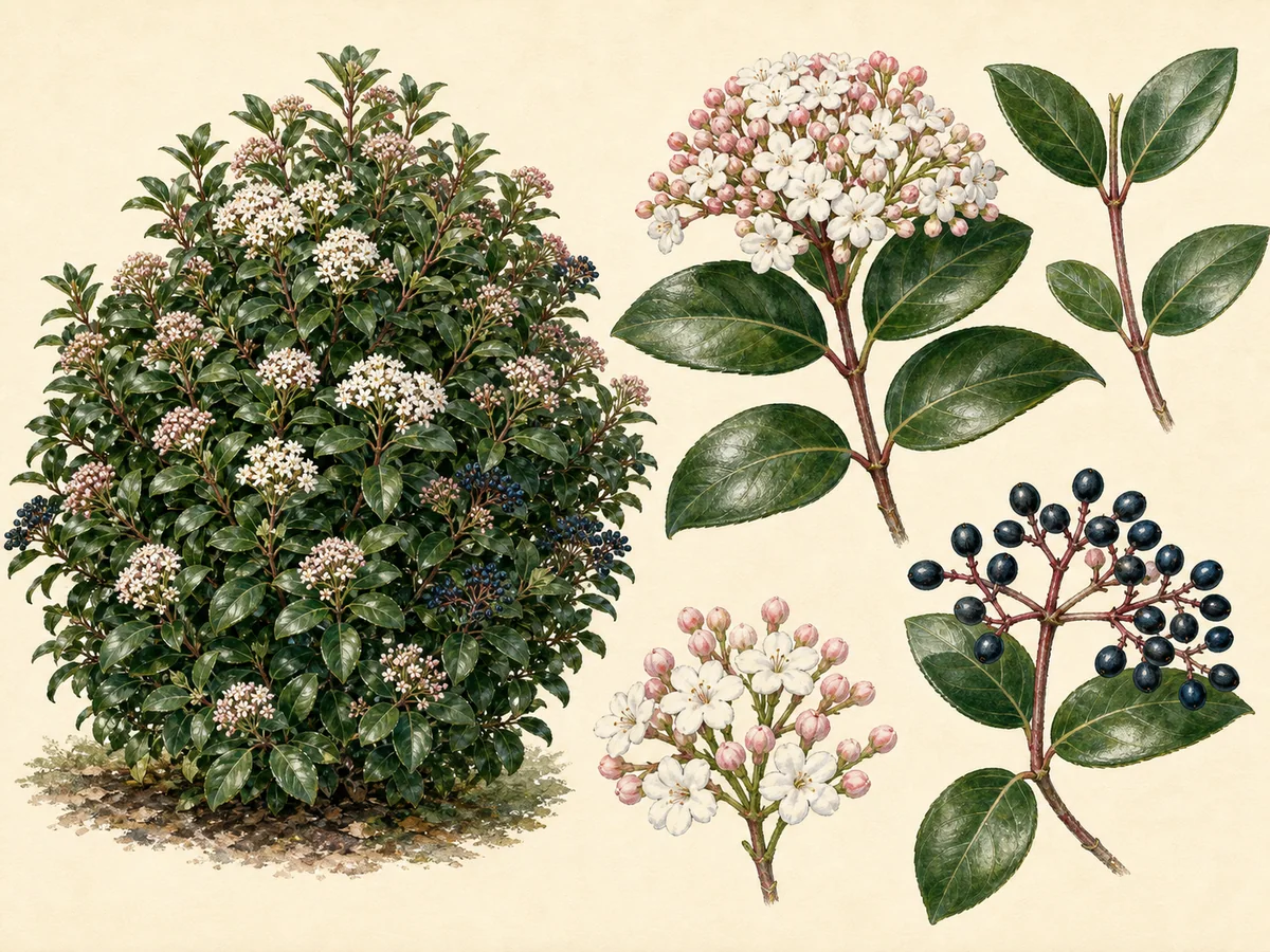 Ilustração botânica de folhado perene com folhas opostas brilhantes, botões rosados, flores brancas e bagas azul-escuras