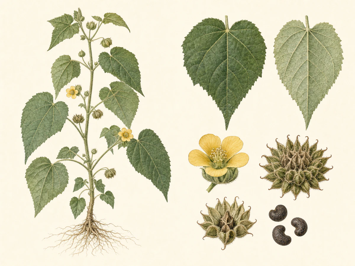 Prancha ilustrada de Abutilon theophrasti com planta anual, folhas cordiformes aveludadas, flor amarela, frutos em coroa e sementes escuras