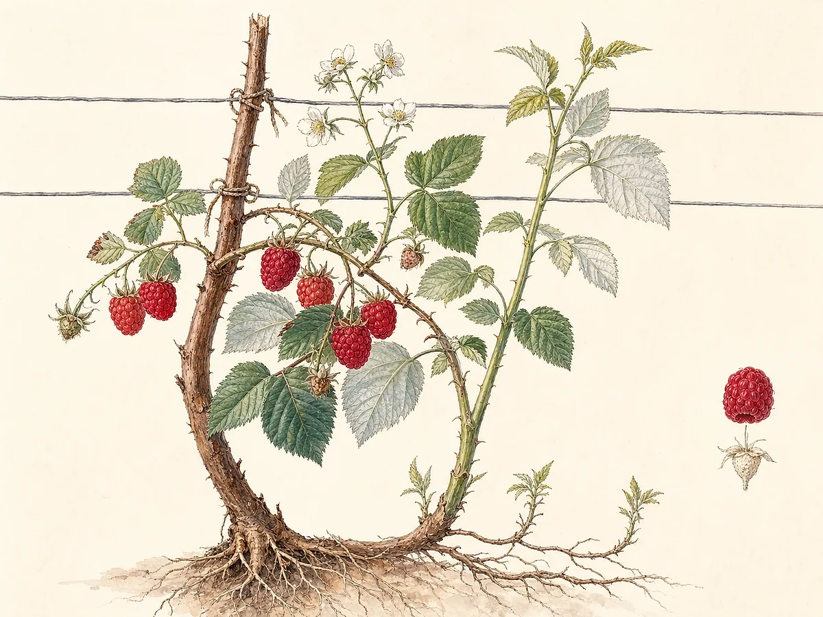 Ilustração botânica de framboeseira com canas bienais, folhas compostas de verso claro, flores brancas e framboesas vermelhas
