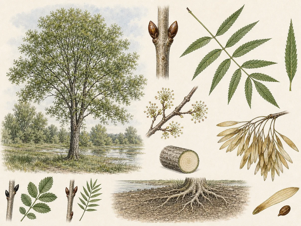 Prancha botânica de freixo-de-folhas-estreitas com porte adulto, folhas pinadas de folíolos lanceolados, gemas castanhas, flores discretas e sâmaras aladas