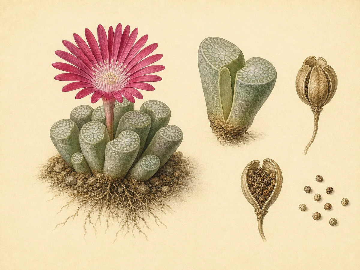Prancha botânica de Frithia pulchra com pequena touceira de folhas cilíndricas de janela translúcida, flor magenta, cápsula e raízes
