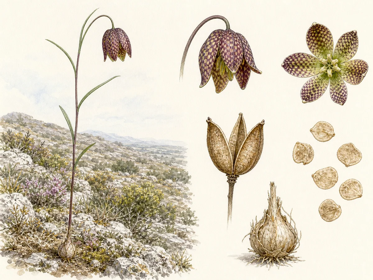 Prancha botânica de Fritillaria lusitanica com caule fino, folhas estreitas alternas, flor pendente campanulada púrpura axadrezada, cápsula, sementes planas e pequeno bolbo