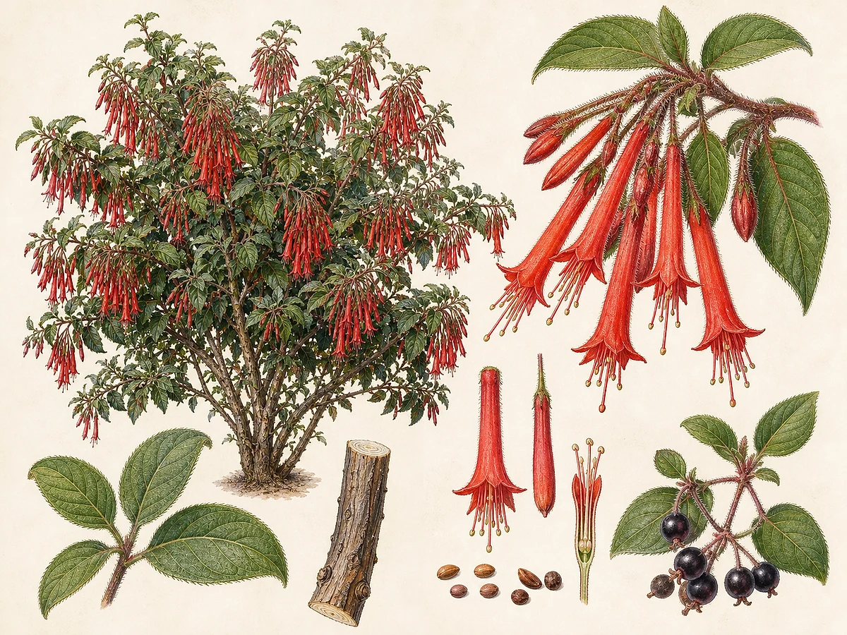 Prancha botânica de Fuchsia boliviana com arbusto, folhas grandes opostas, cachos pendentes de flores tubulares vermelhas e bagas
