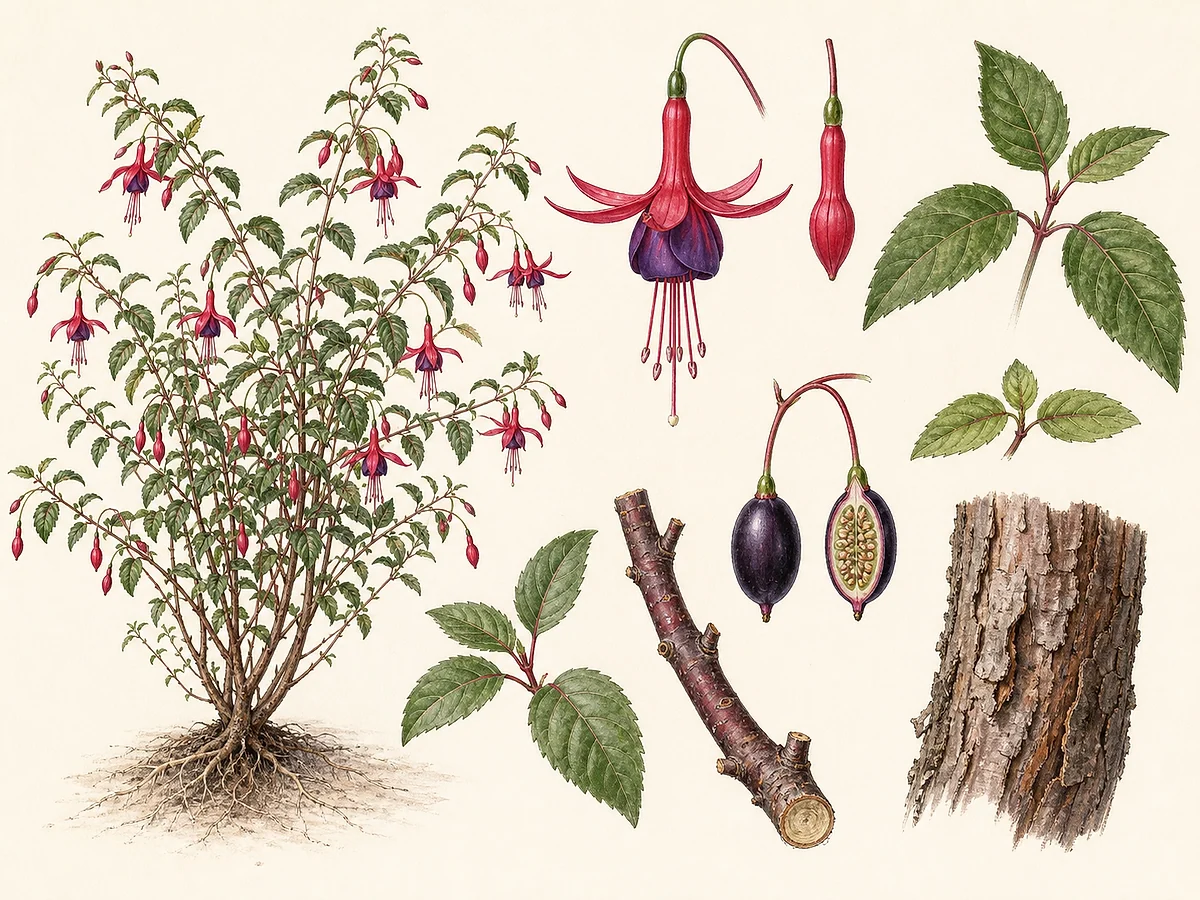Prancha botânica de Fuchsia magellanica com arbusto, folhas opostas, flores pendentes vermelhas e violetas, bagas, sementes e raízes