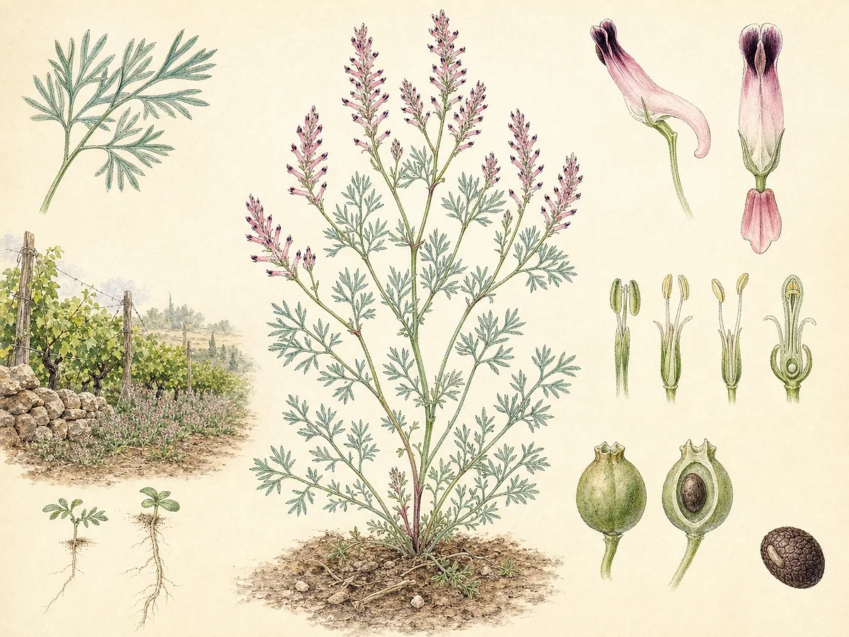 Prancha botânica de Fumaria officinalis com folhagem glauca muito dividida, racemos de flores rosa de ápice púrpura e frutos globosos