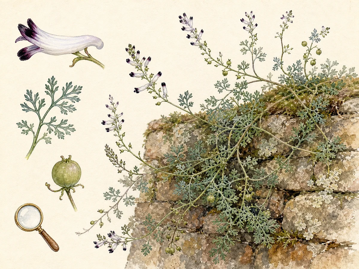 Prancha botânica de Fumaria capreolata com anual delicada trepadora, folhas muito divididas, cachos de flores tubulares brancas com ponta púrpura e fruto globoso
