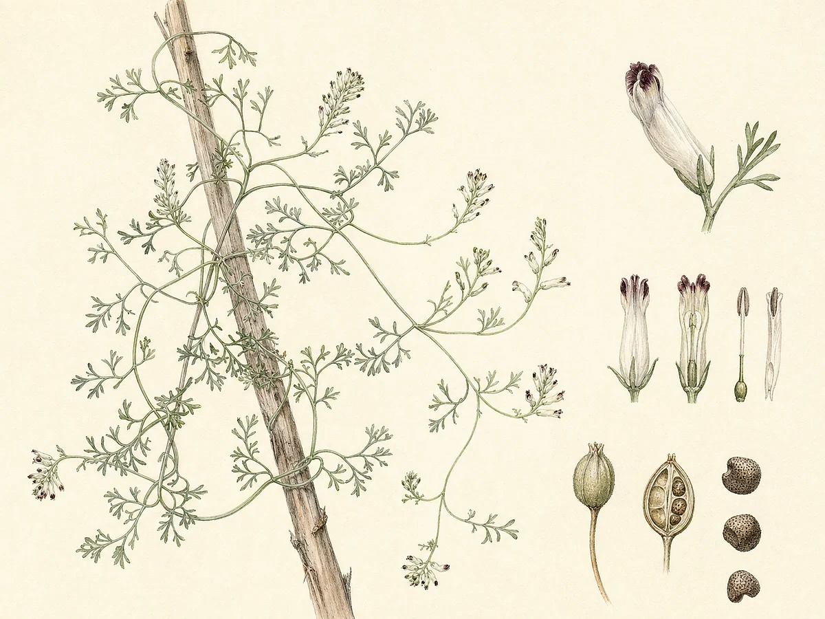 Prancha botânica documental de Fumaria parviflora, trepadeira autóctone registada no arquipélago da Madeira