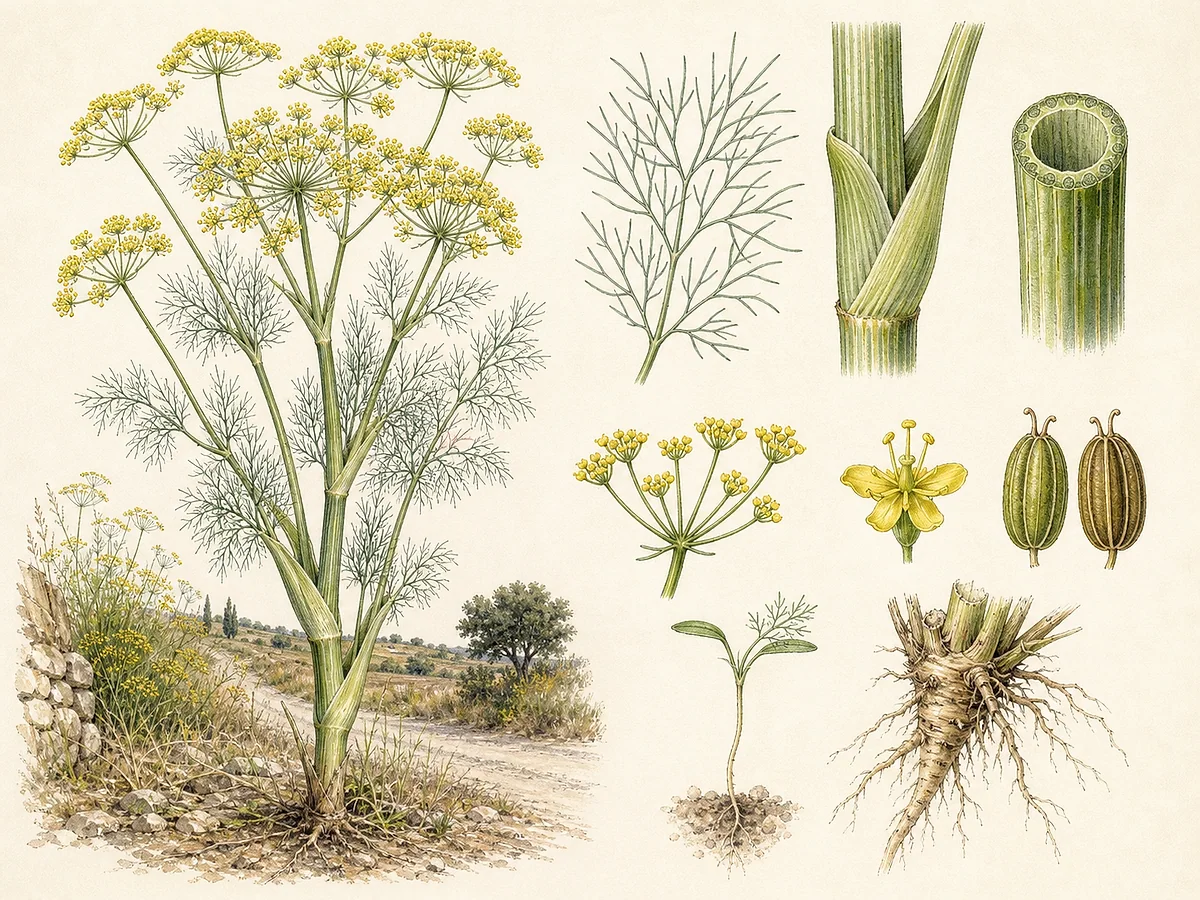 Prancha botânica de Foeniculum vulgare com touceira alta, folhas filiformes, bainhas largas, umbelas amarelas, frutos estriados e raiz