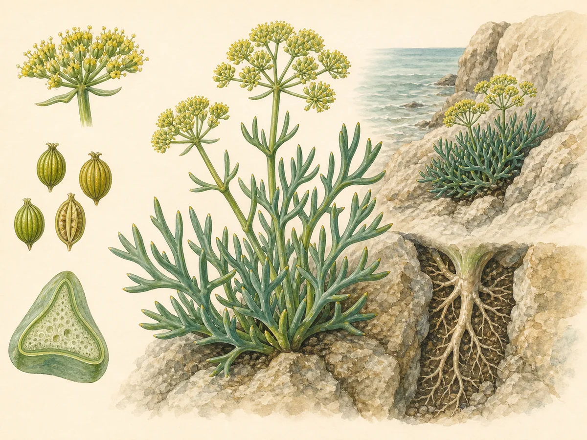 Ilustração botânica de funcho-marítimo com folhas suculentas divididas, umbelas amarelo-esverdeadas, fruto e raiz em fenda rochosa