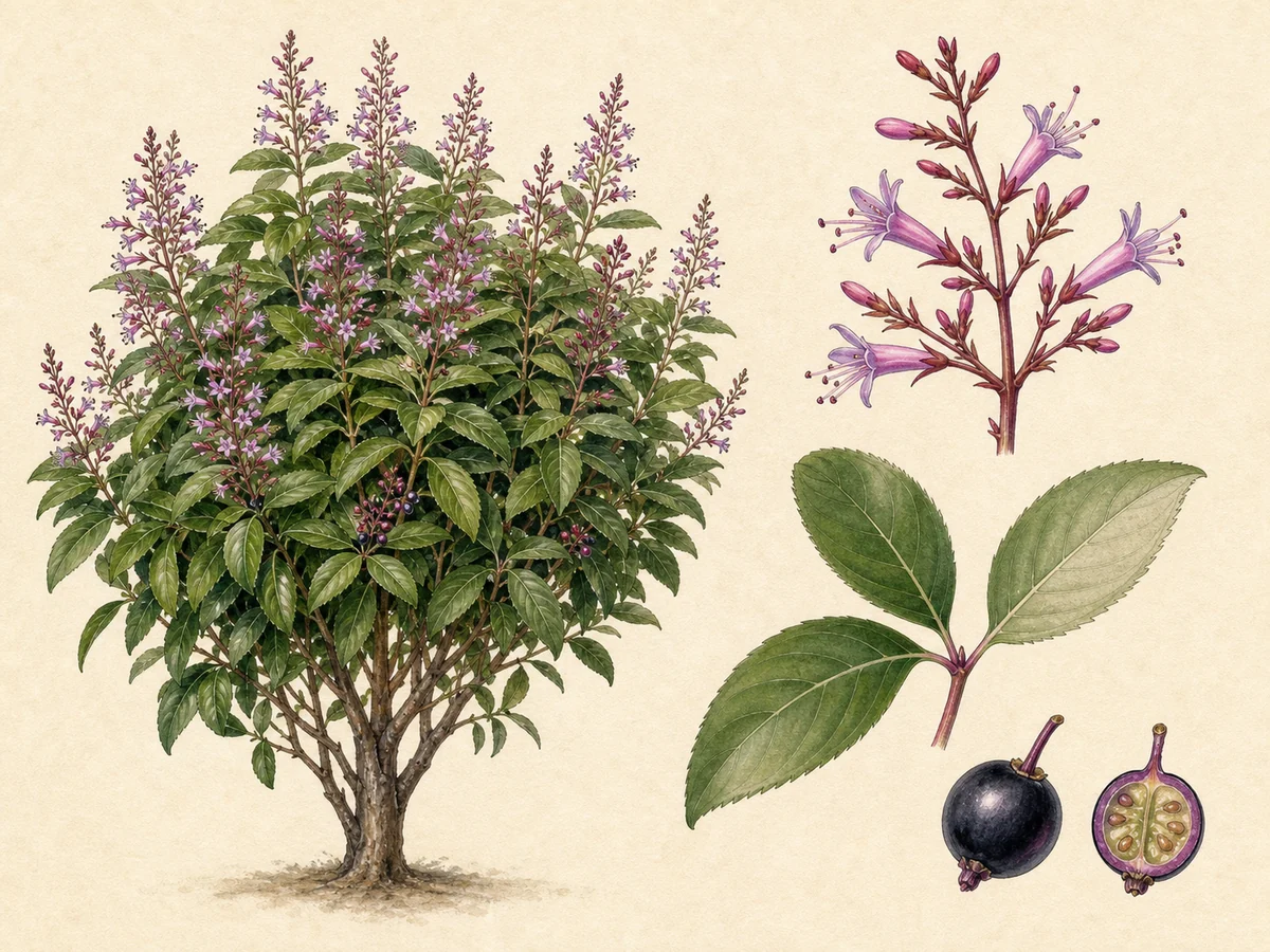 Prancha ilustrada de Fuchsia arborescens, impressa como Fuschia arborescens nas listas, com arbusto de copa densa, folhas opostas ou ternadas, panículas lilases eretas e bagas roxo-negras