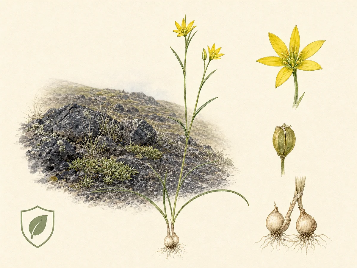 Prancha botânica de Gagea pratensis com pequeno geófito, folhas lineares opostas no caule, flores amarelas estreladas, cápsula e bolbos