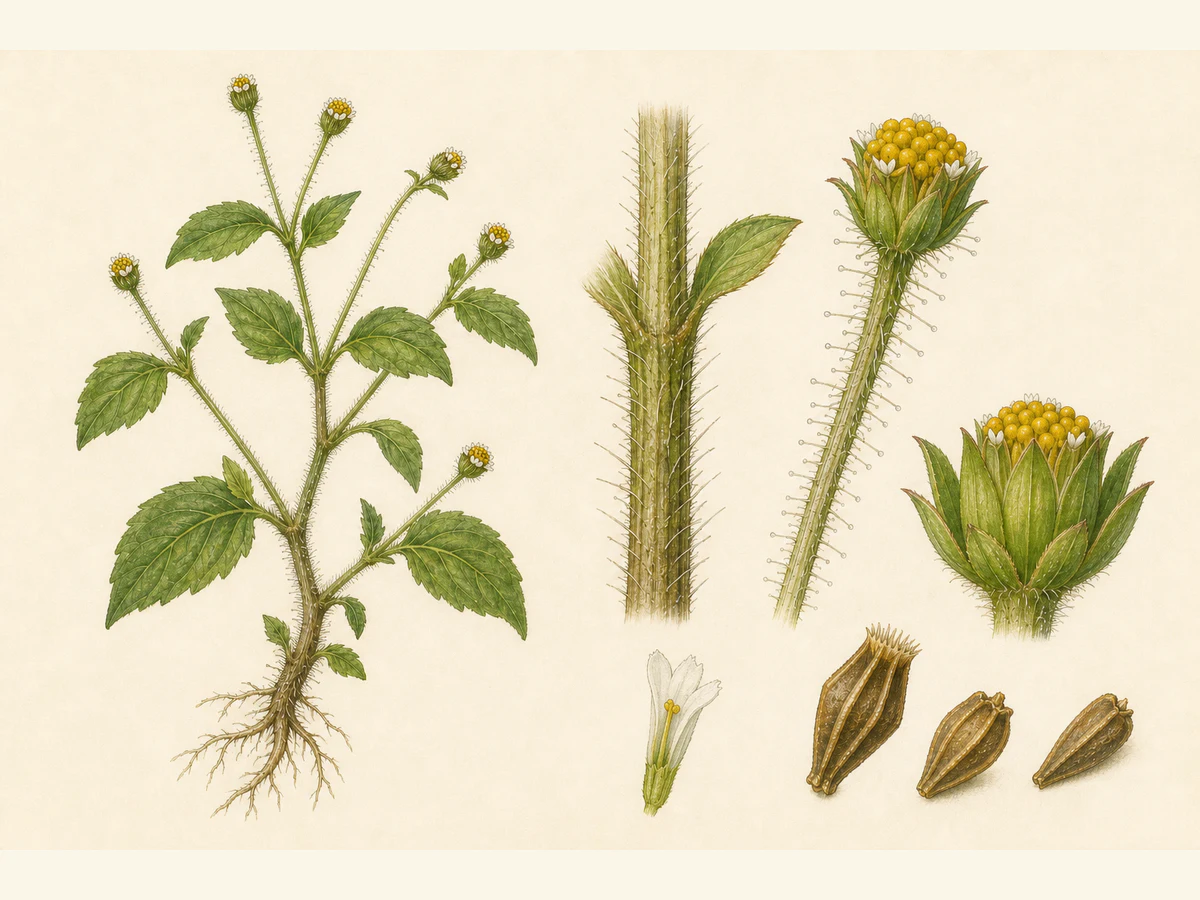 Prancha ilustrada de Galinsoga quadriradiata com erva anual ramificada, folhas opostas serradas, pelos na base do caule, pedúnculos glandulosos e capítulos diminutos de raios brancos muito curtos