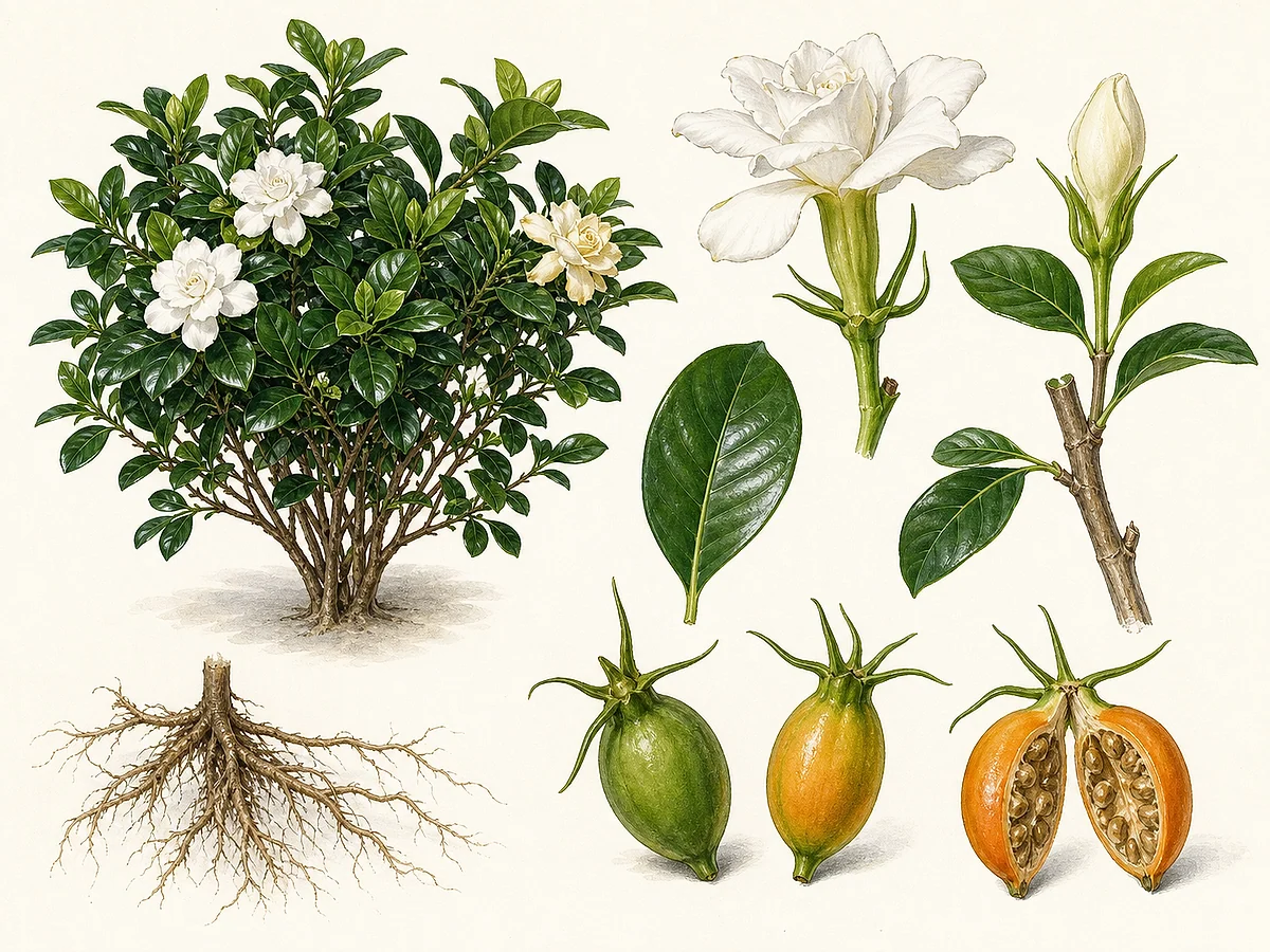 Prancha botânica de Gardenia jasminoides com arbusto, folhas brilhantes, flores brancas, botão, fruto alaranjado e estaca