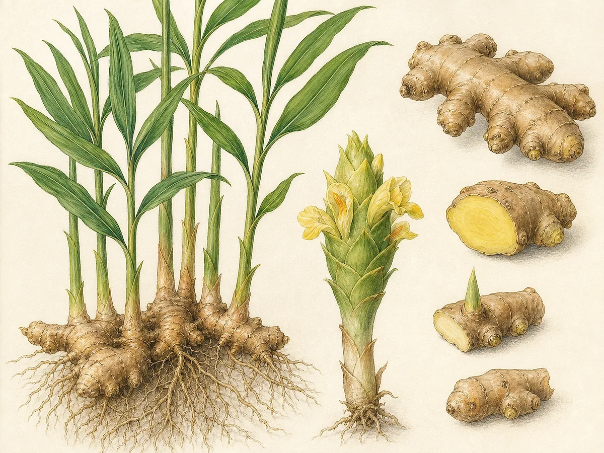 Prancha botânica de gengibre com pseudocaules folhosos, folhas lanceoladas, inflorescência, rizoma nodoso em corte, gemas e raízes