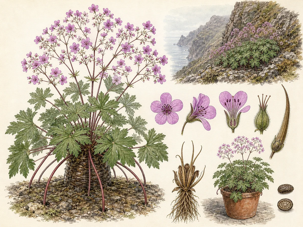 Prancha botânica de Geranium maderense com roseta grande, folhas profundamente recortadas, pecíolos vermelhos de suporte, flores rosa-púrpura e fruto em bico