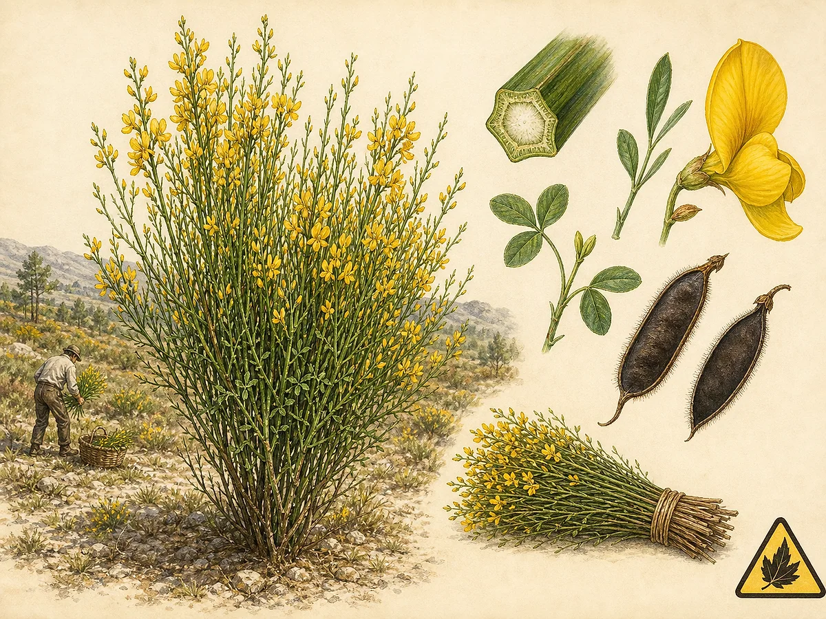 Prancha botânica de Cytisus scoparius subsp. scoparius com arbusto de ramos verdes angulosos, folhas simples e trifoliadas, flores amarelas, vagens escuras pilosas nas margens e feixe para vassoura
