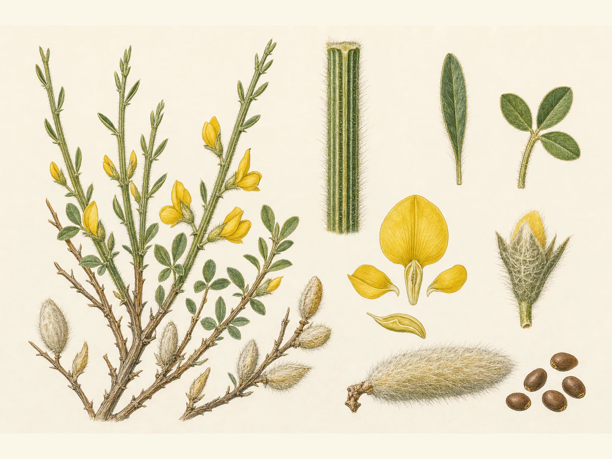 Prancha ilustrada de Cytisus striatus com arbusto de ramos costilhados, folhas superiores unifolioladas e inferiores trifolioladas, flores amarelas, cálice piloso e vagens densamente aveludadas