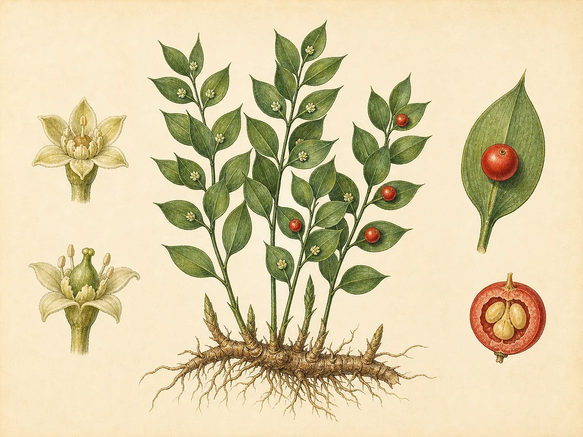 Ilustração botânica de gilbardeira com caules verdes, cladódios rígidos pontiagudos, flores minúsculas e bagas vermelhas