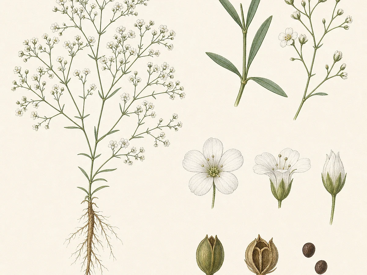 Prancha botânica de Gypsophila paniculata com touceira, caules muito ramificados, folhas estreitas azuladas, nuvens de pequenas flores brancas e cápsulas