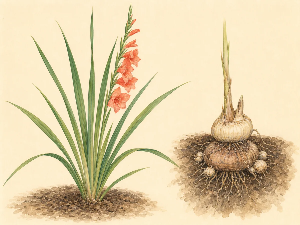 Ilustração botânica de um gladíolo com folhas em espada, espiga de flores corais e cormo novo sobre o cormo antigo