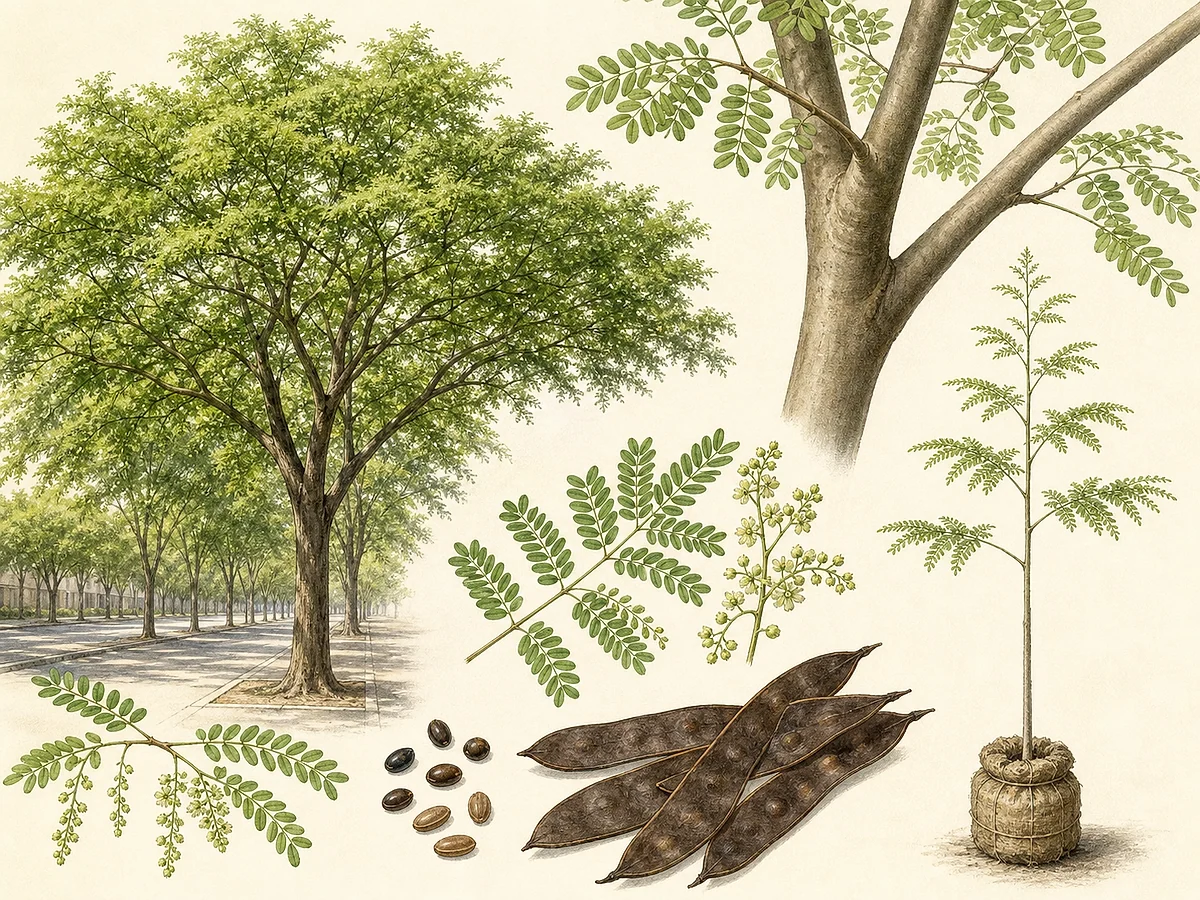 Prancha botânica de Gleditsia triacanthos com copa leve, folhas pinadas e bipinadas, flores verdes, vagem longa torcida e contraste entre espinhos do tipo e cultivar inerme