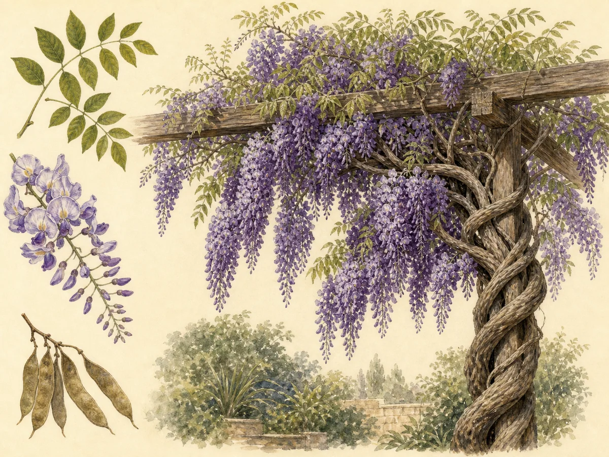 Ilustração botânica de uma glicínia lenhosa com folhas pinadas, vagens e cachos pendentes violetas