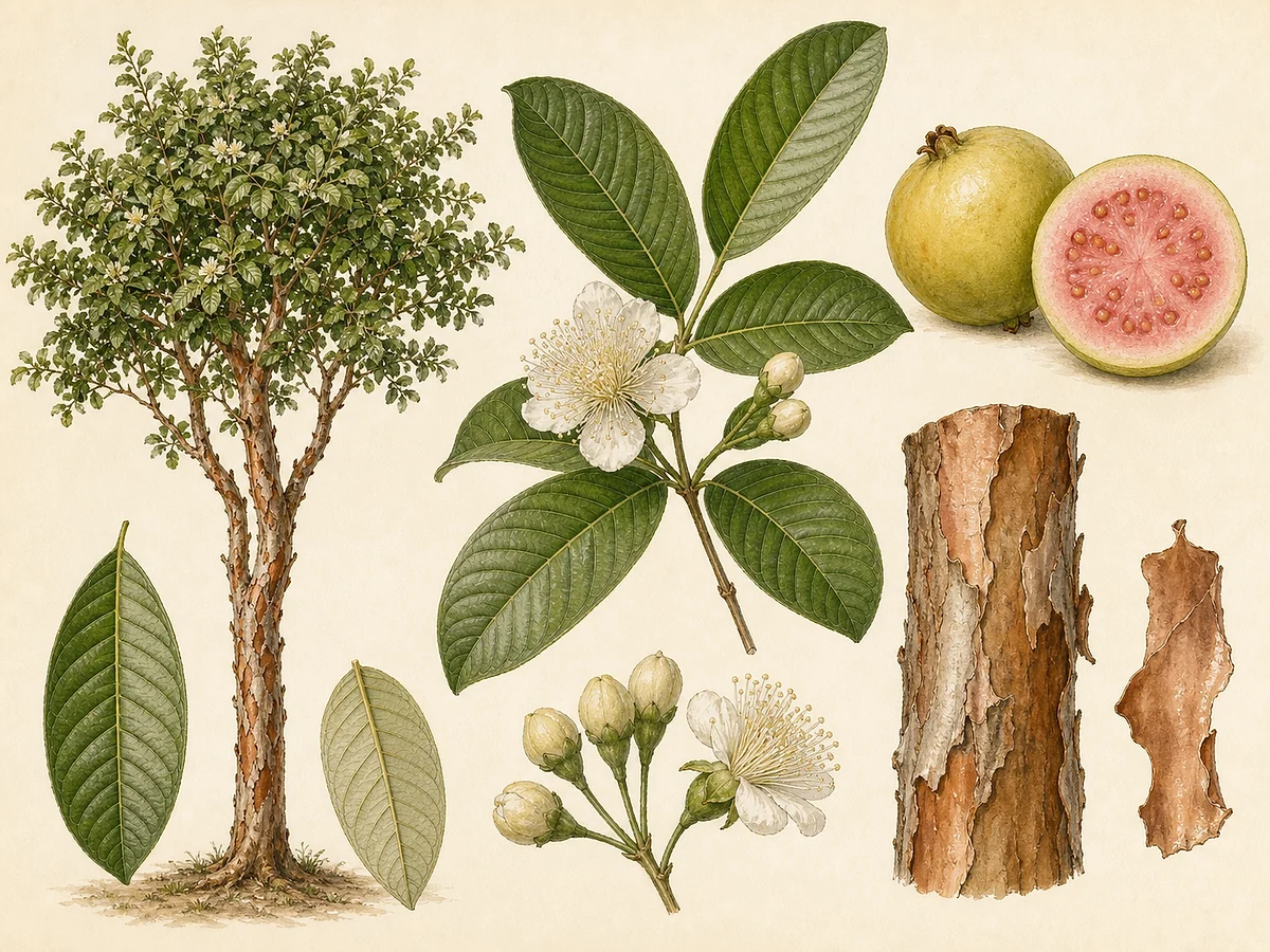 Prancha botânica de Psidium guajava com casca lisa descamante, folhas nervadas, flores brancas e goiabas de polpa rosada