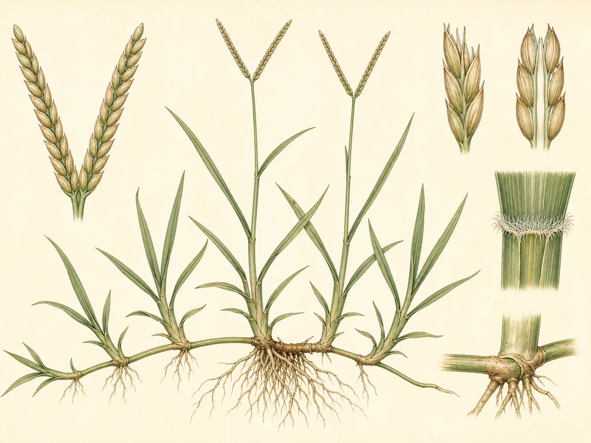 Prancha ilustrada de Paspalum paspalodes, nome aceite Paspalum distichum, com tapete estolhoso, rizomas, folhas lineares, bainha ciliada e dois cachos digitados de espiguetas
